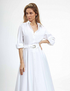 Платье-рубашка из хлопка с поясом белое